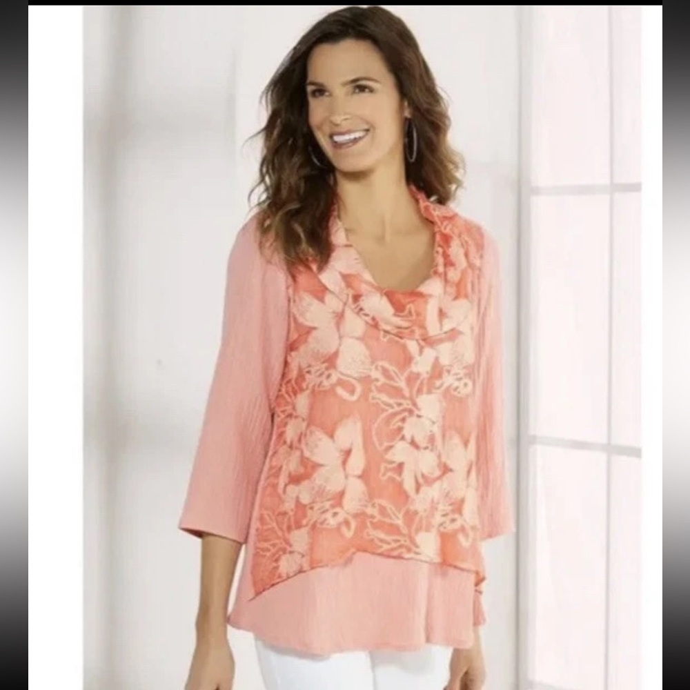 Soft Surroundings silk peach lace cowl neck Ava Tunic Top size M